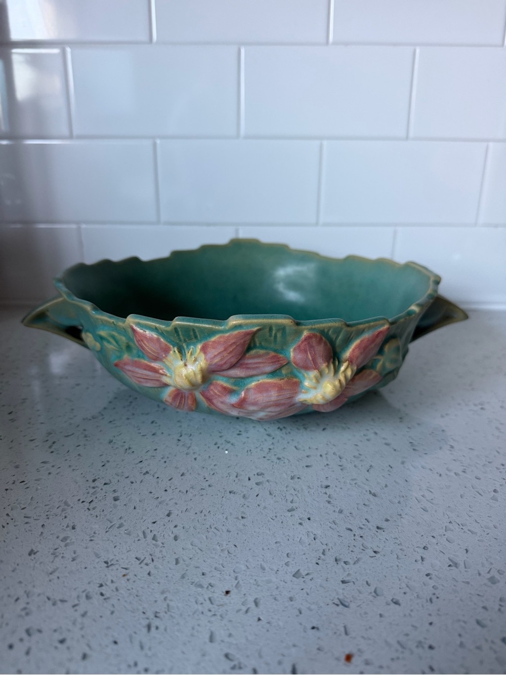 Vintage Green Floral Roseville Ceramic Decorative Bowl